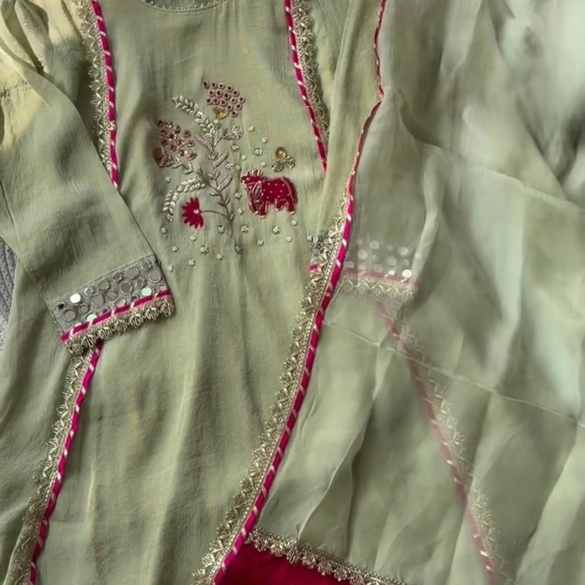 “Zara” Trending Mul Premium Mul Chanderi A Line Suit Set in Olive Green