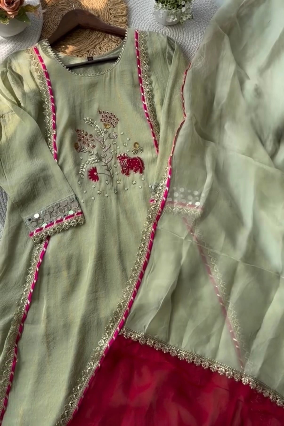 “Zara” Trending Mul Premium Mul Chanderi A Line Suit Set in Olive Green