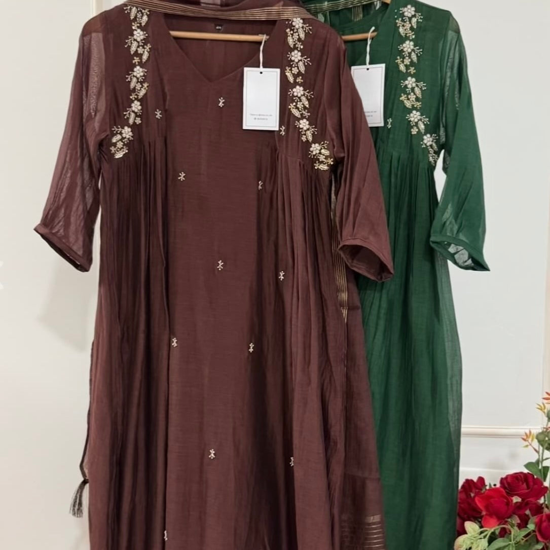 “Zayna” Premium Rich Brown Mul Chanderi anarkali kurta set
