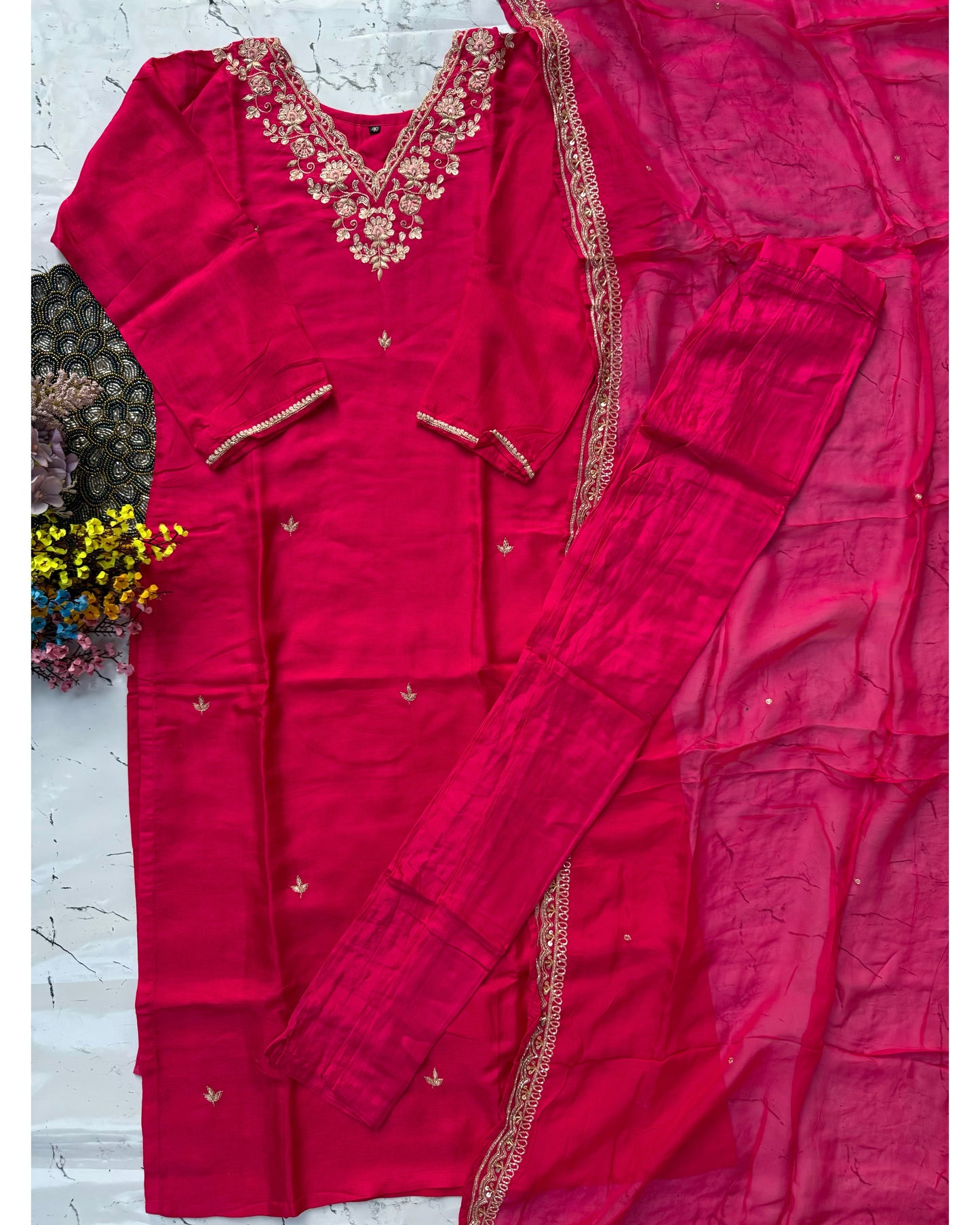 “Ziya” Festive wear rani shade dola silk kurti set