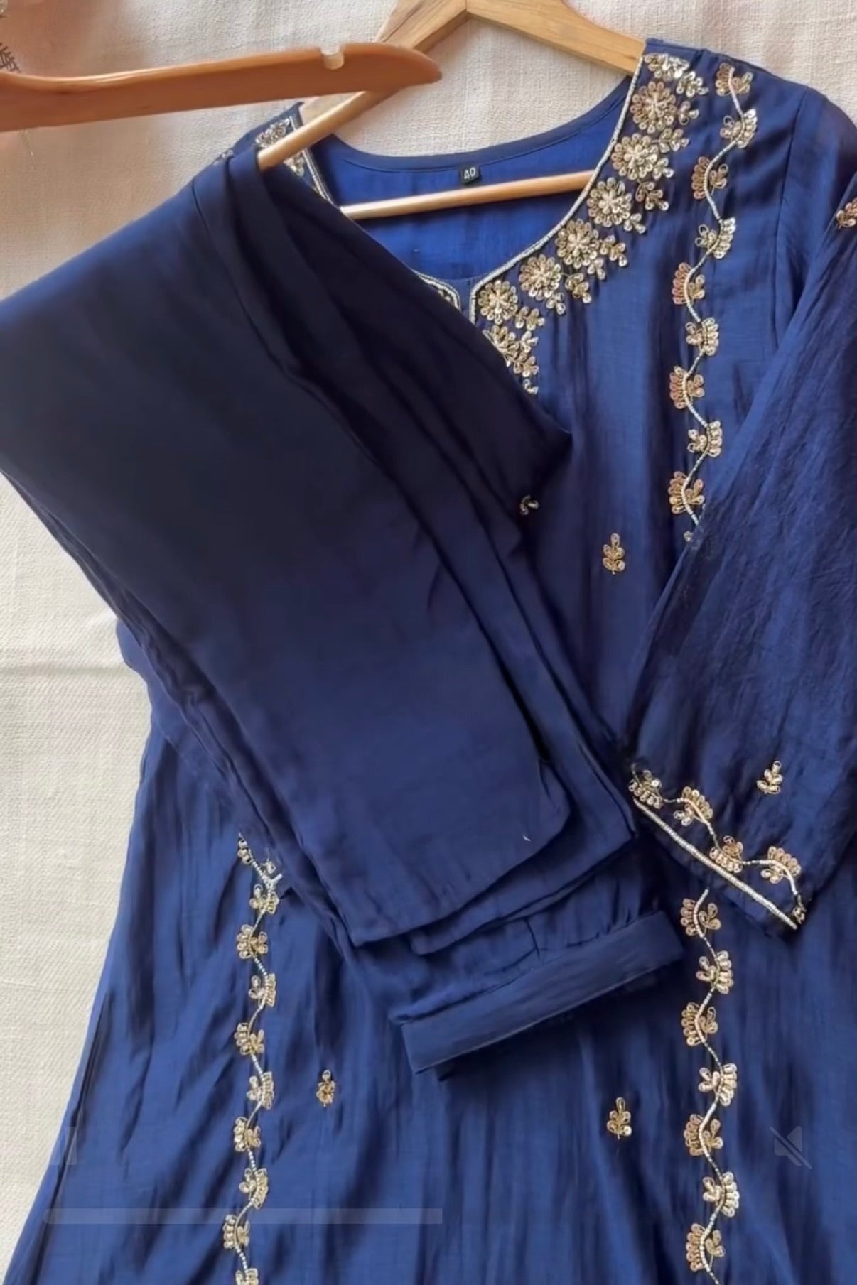 “Faraj” Navy Blue Pure Mul-Chanderi Party wear A Line suit set