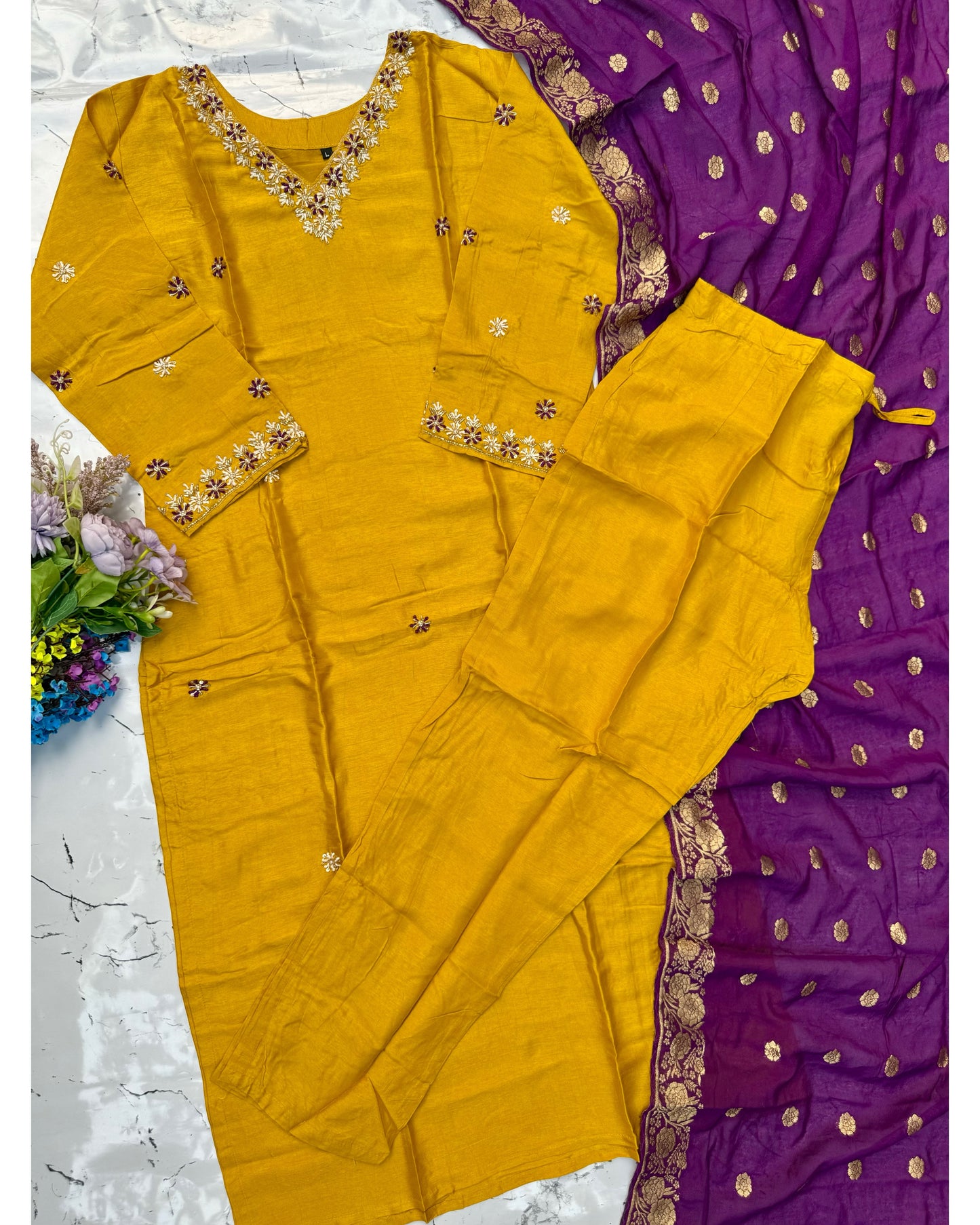 “Anannya” Beautiful Yellow V neck dola silk kurta set