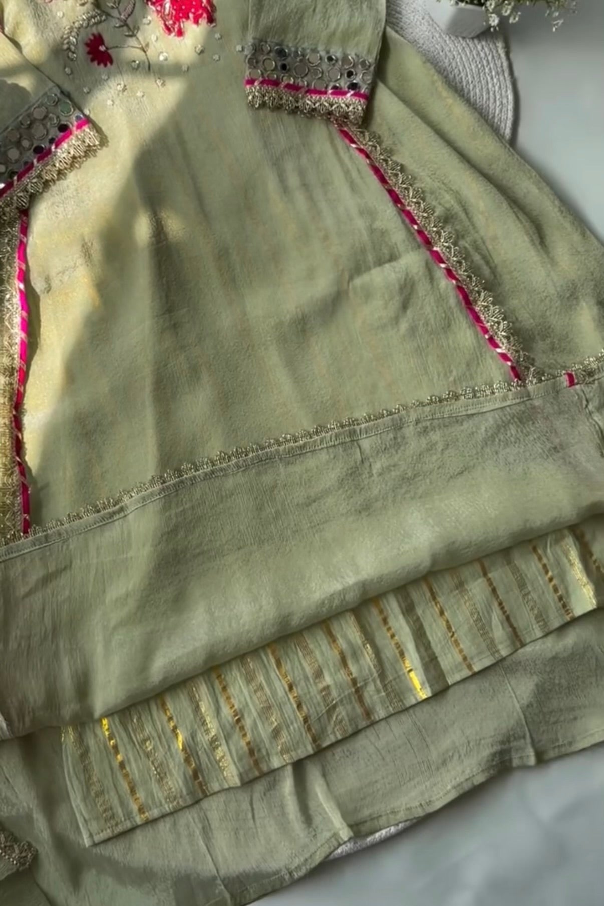 “Zara” Trending Mul Premium Mul Chanderi A Line Suit Set in Olive Green