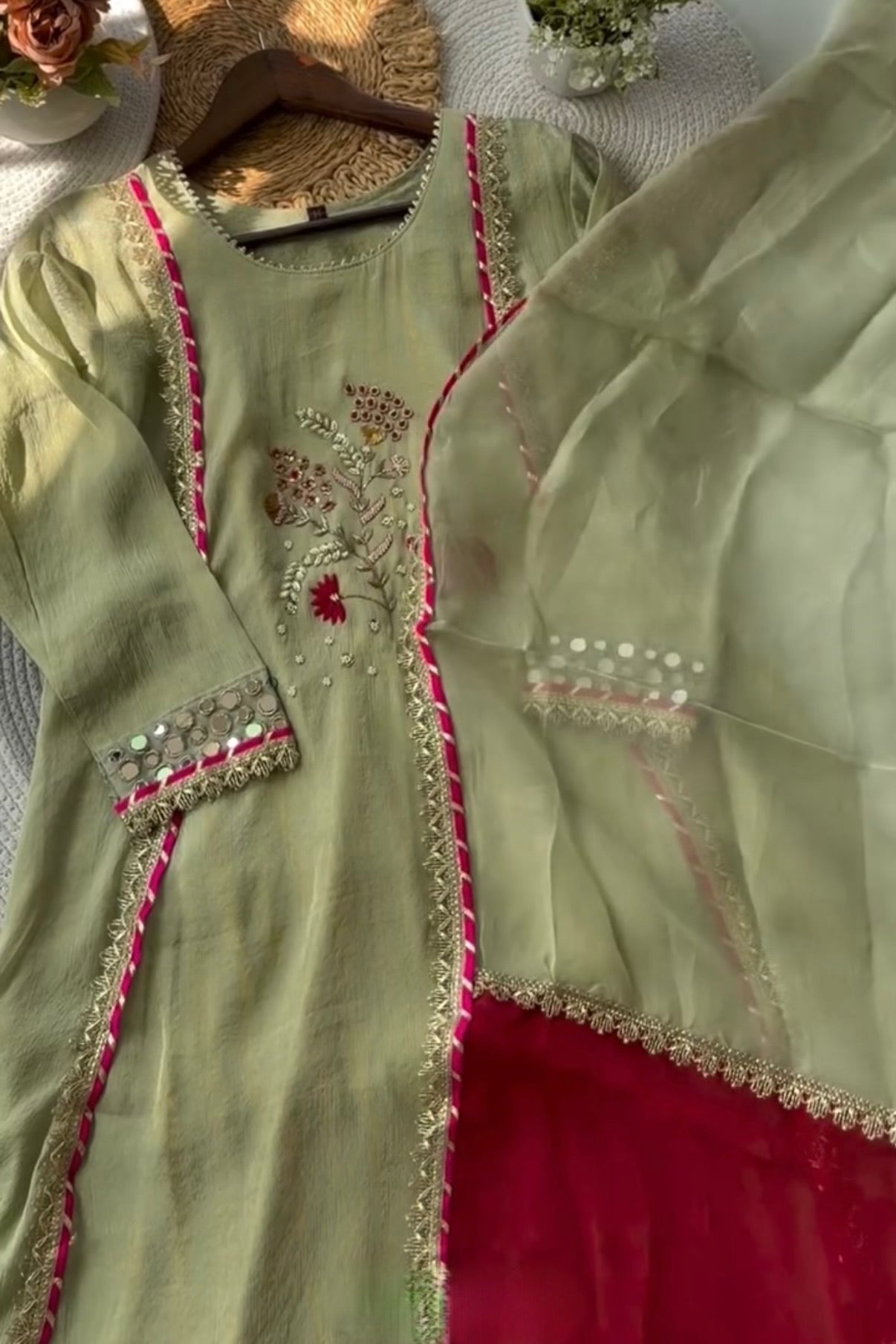 “Zara” Trending Mul Premium Mul Chanderi A Line Suit Set in Olive Green