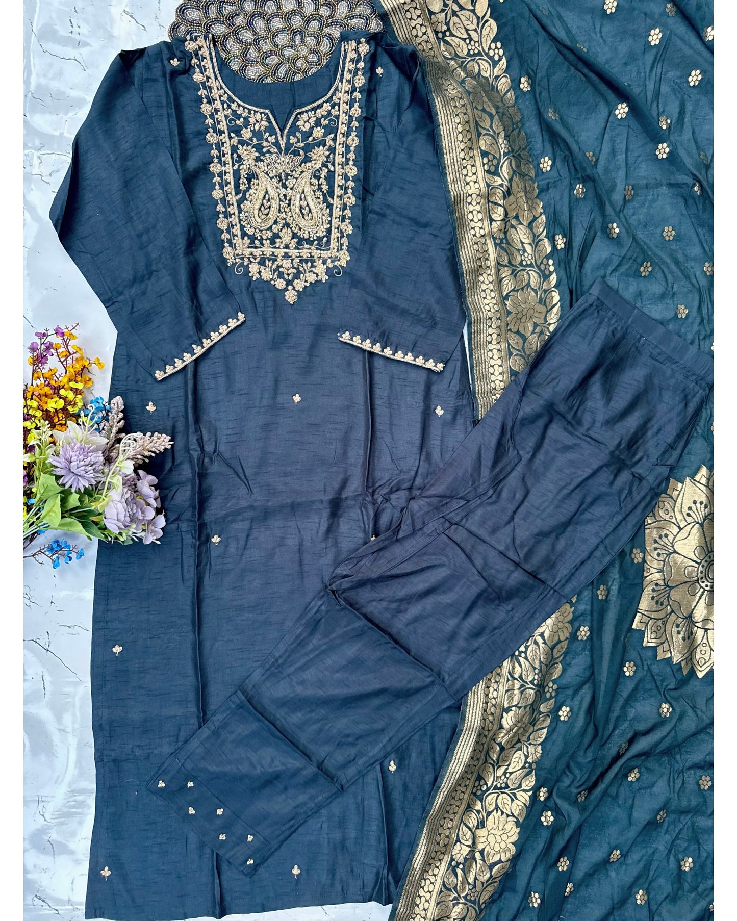 “Fiza” Zardosi work dola silk kurti bottom dupatta set