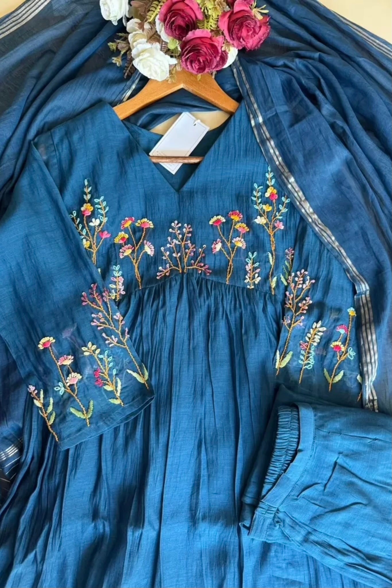 💙AYRA- Pre book Blue Mul Chanderi Thread Work Anarkali Kurta Set