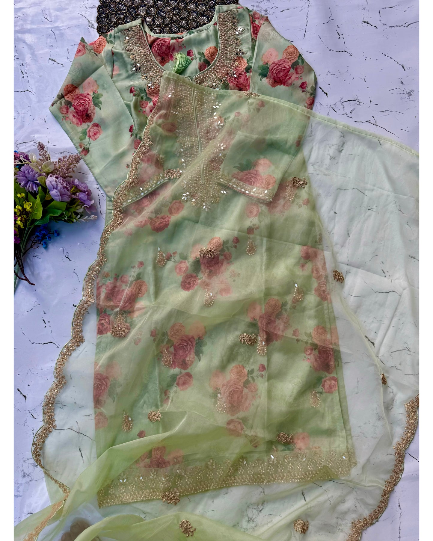 "Aditi" Pista green organza printed & handwork stright kurta set