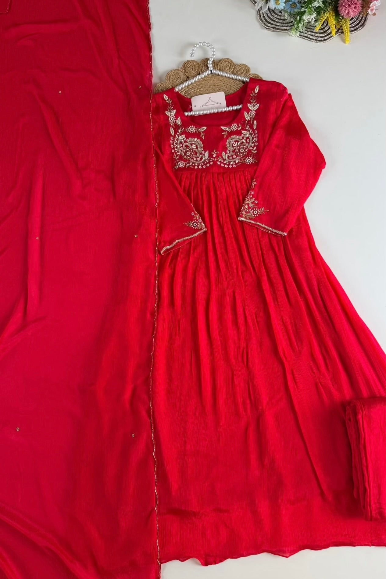 “Saanvi” Chinon Handwork Anarkali Kurti Pant With Dupatta Set Chinon Handwork Anarkali Kurti Pant With Dupatta Set