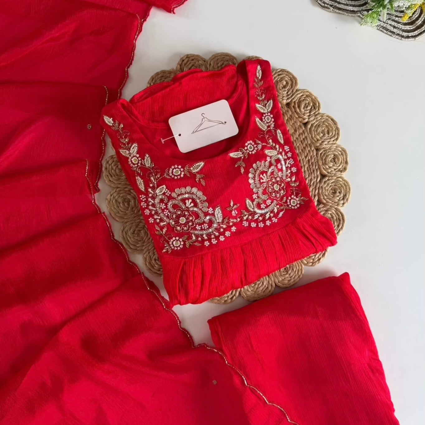 “Saanvi” Chinon Handwork Anarkali Kurti Pant With Dupatta Set Chinon Handwork Anarkali Kurti Pant With Dupatta Set