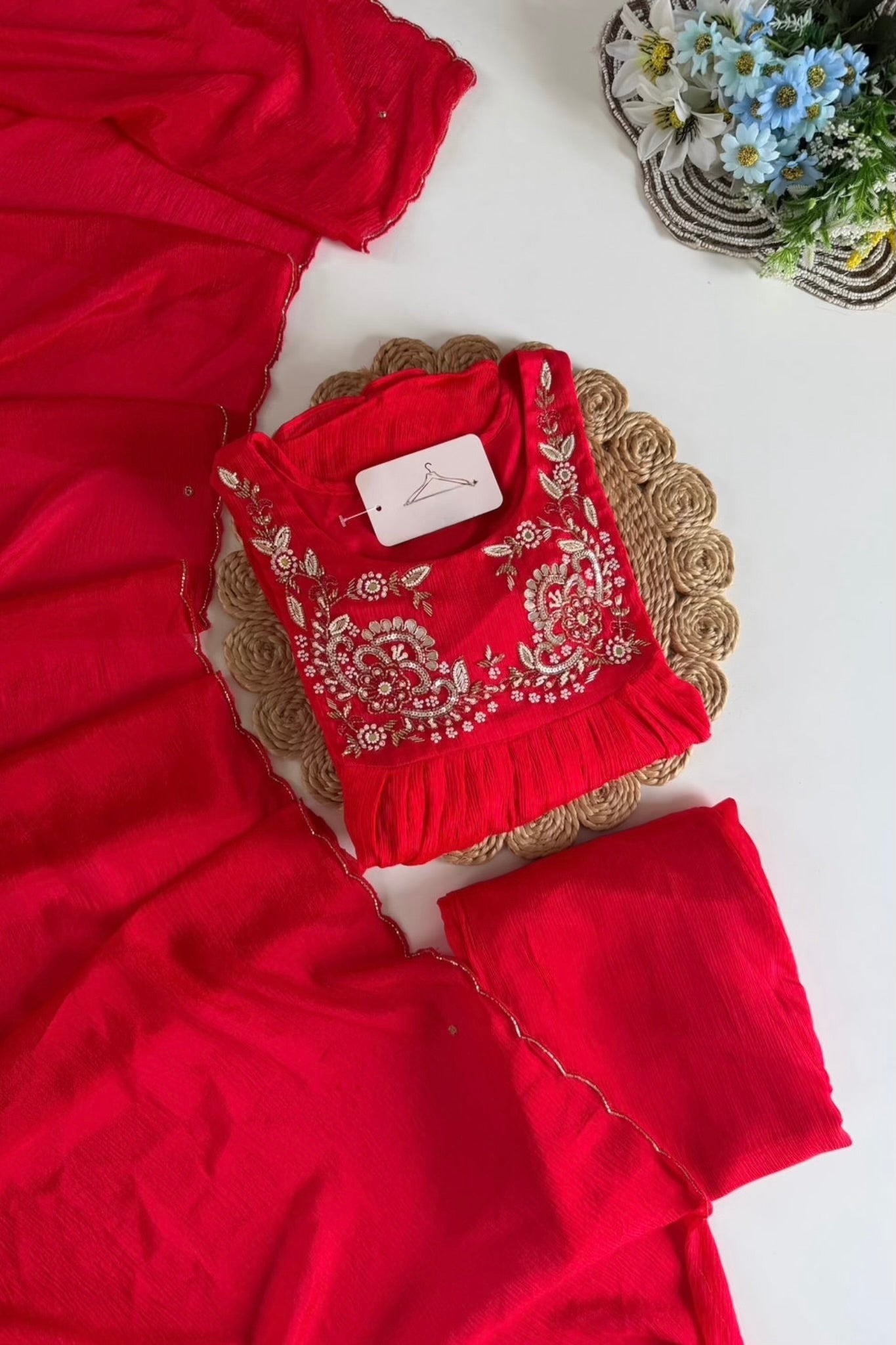 “Saanvi” Chinon Handwork Anarkali Kurti Pant With Dupatta Set Chinon Handwork Anarkali Kurti Pant With Dupatta Set