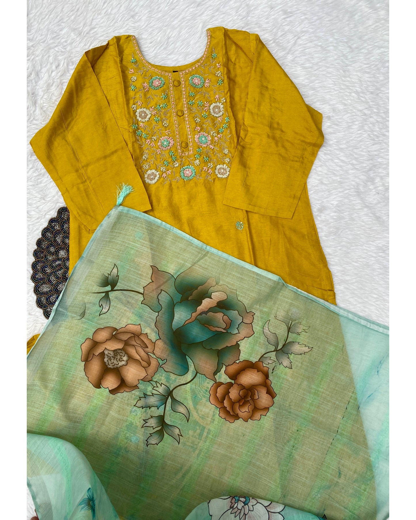 “URVI” Beautiful yellow handwork kurta bottom with lenin dupatta set