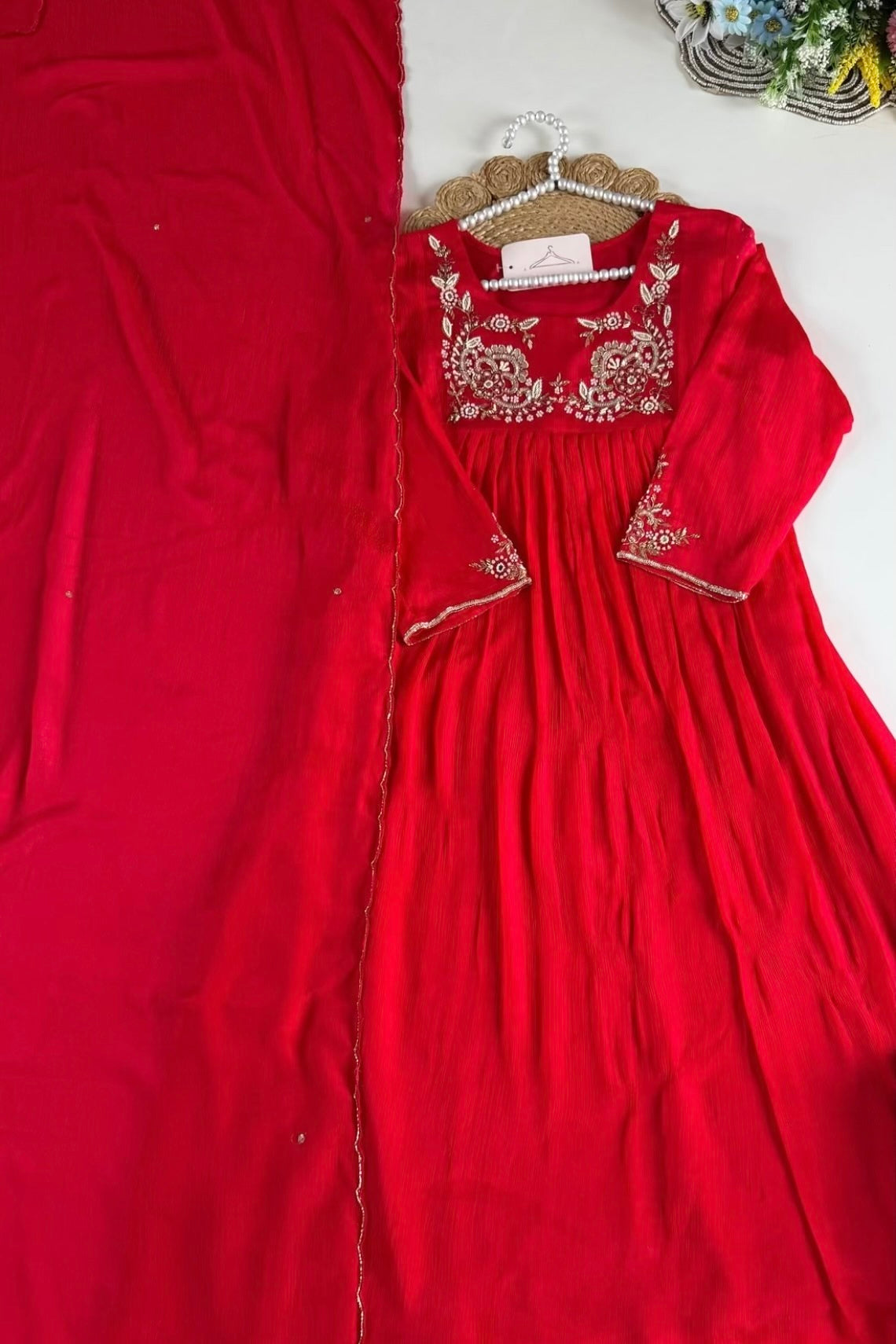 “Saanvi” Chinon Handwork Anarkali Kurti Pant With Dupatta Set Chinon Handwork Anarkali Kurti Pant With Dupatta Set