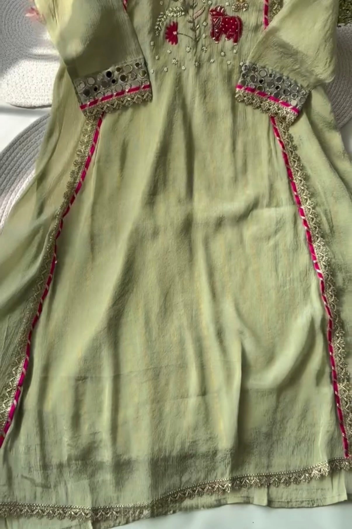 “Zara” Trending Mul Premium Mul Chanderi A Line Suit Set in Olive Green