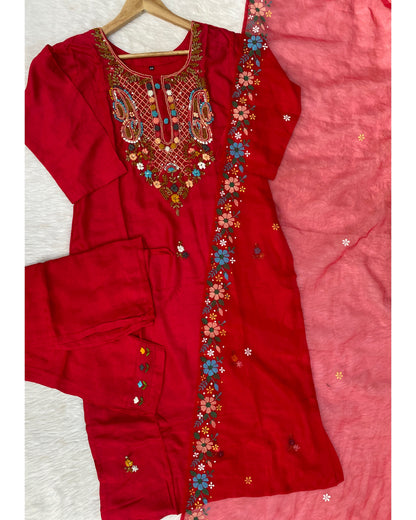 ‘’TANYA” Handcrafted thred work Dola Silk Kurta Dupatta Bottom Set