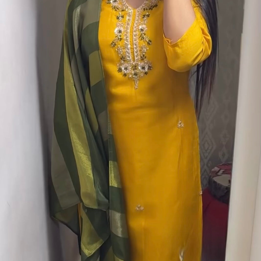 “AIRA” Mustard Yellow dola silk kurta with Green Striped Tissue Dupatta set
