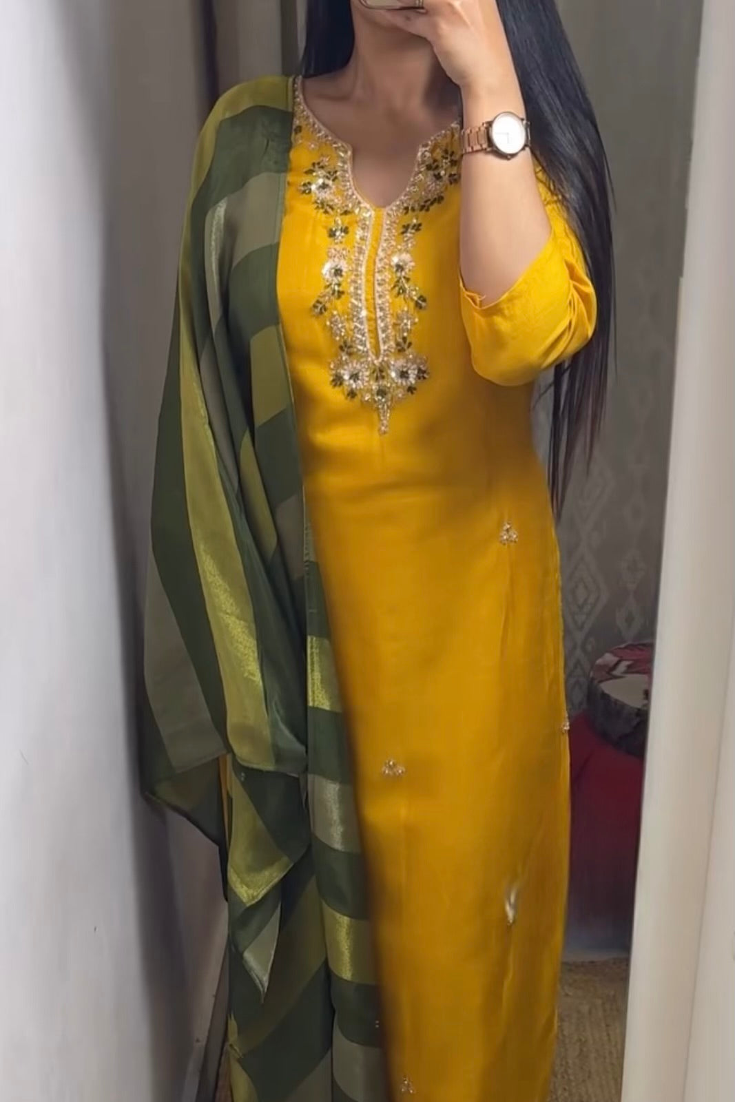 “AIRA” Mustard Yellow dola silk kurta with Green Striped Tissue Dupatta set