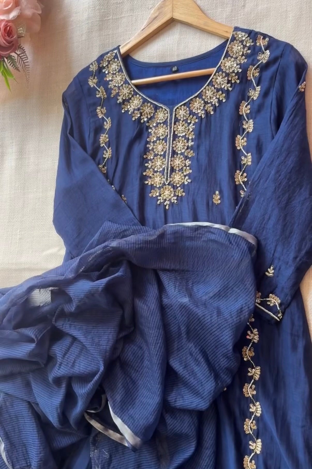 “Faraj” Navy Blue Pure Mul-Chanderi Party wear A Line suit set