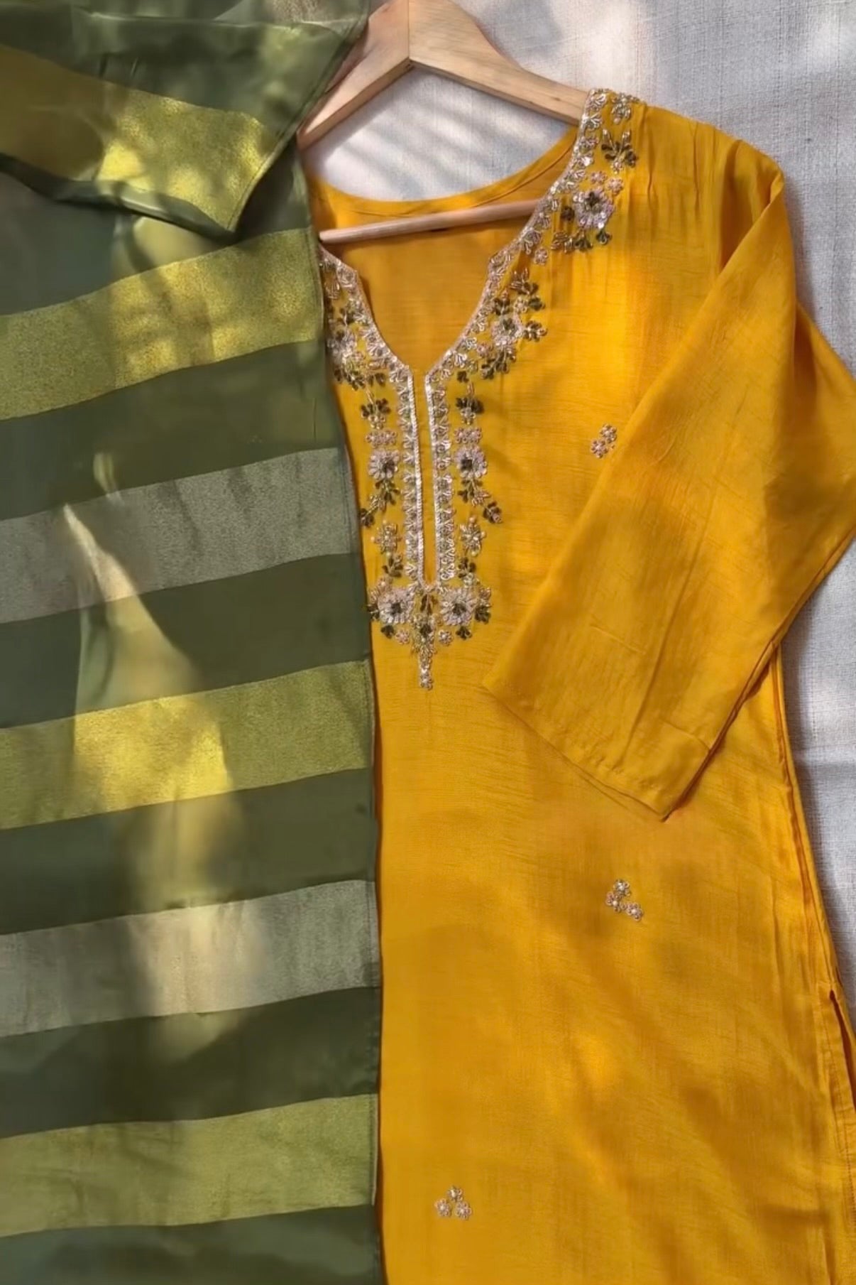“AIRA” Mustard Yellow dola silk kurta with Green Striped Tissue Dupatta set