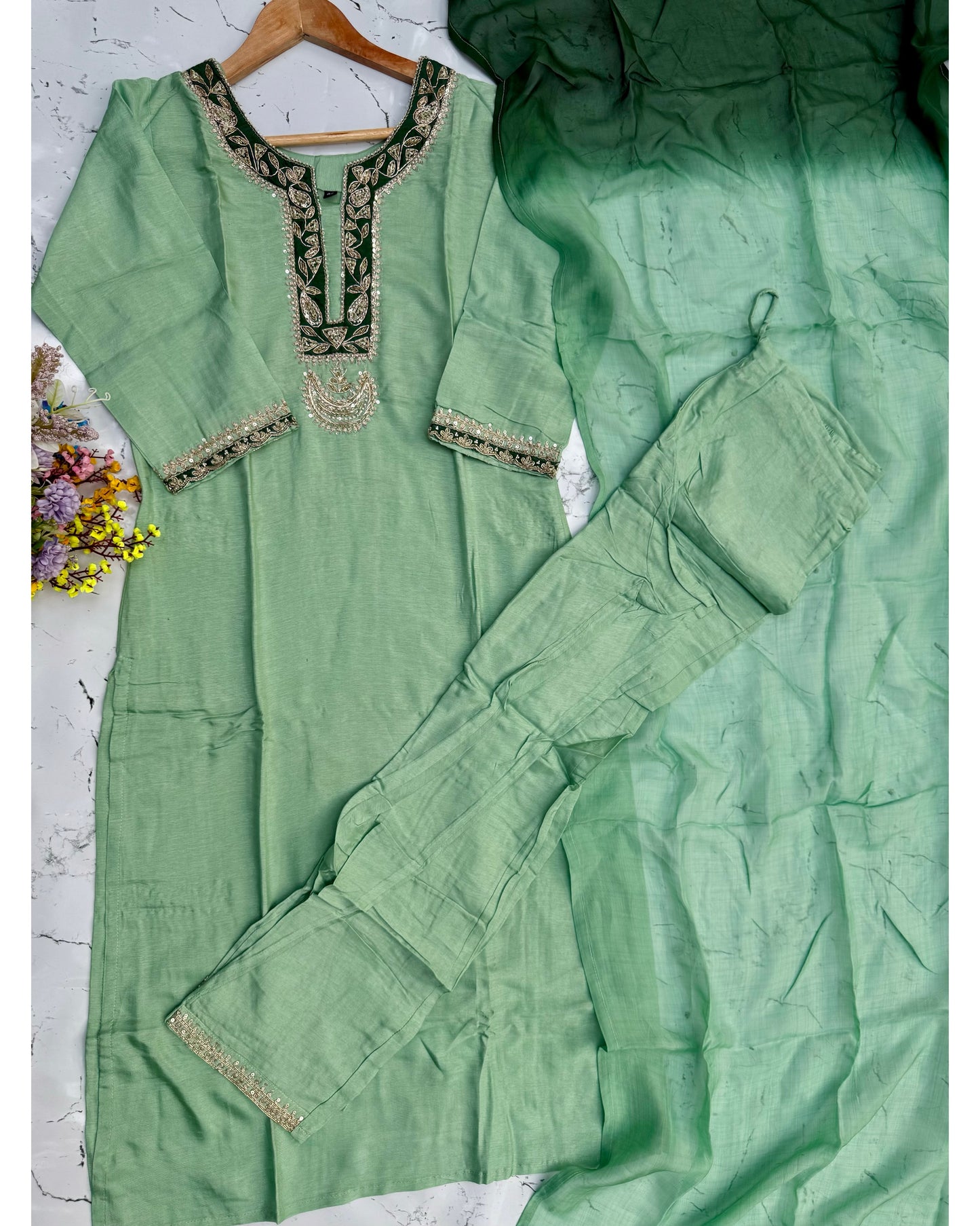 “Liana” Beautiful Sea green shade Handwork kurta set