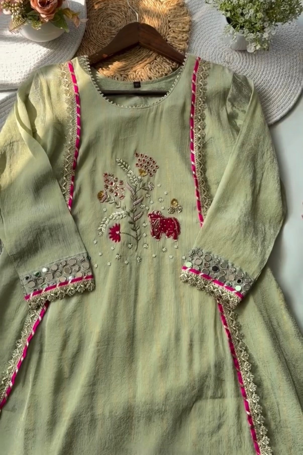 “Zara” Trending Mul Premium Mul Chanderi A Line Suit Set in Olive Green