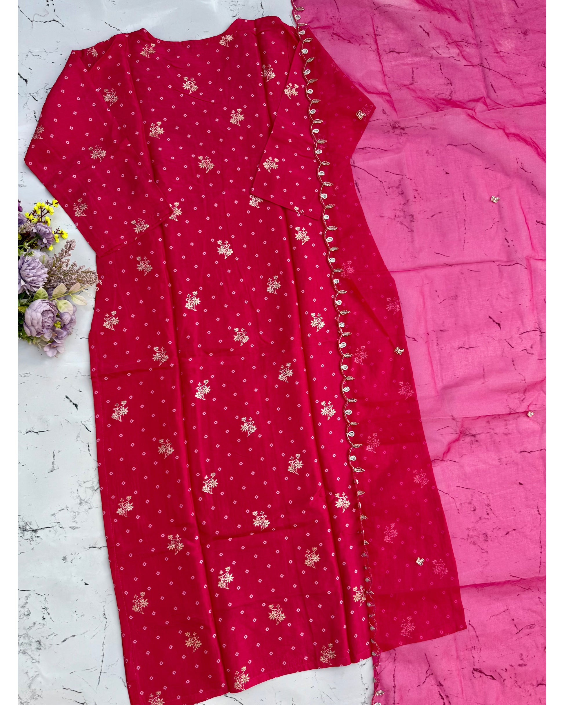 ‘’Rani” Beautiful Pink shade Russian  jacquard bhandej kurti set 🛍️