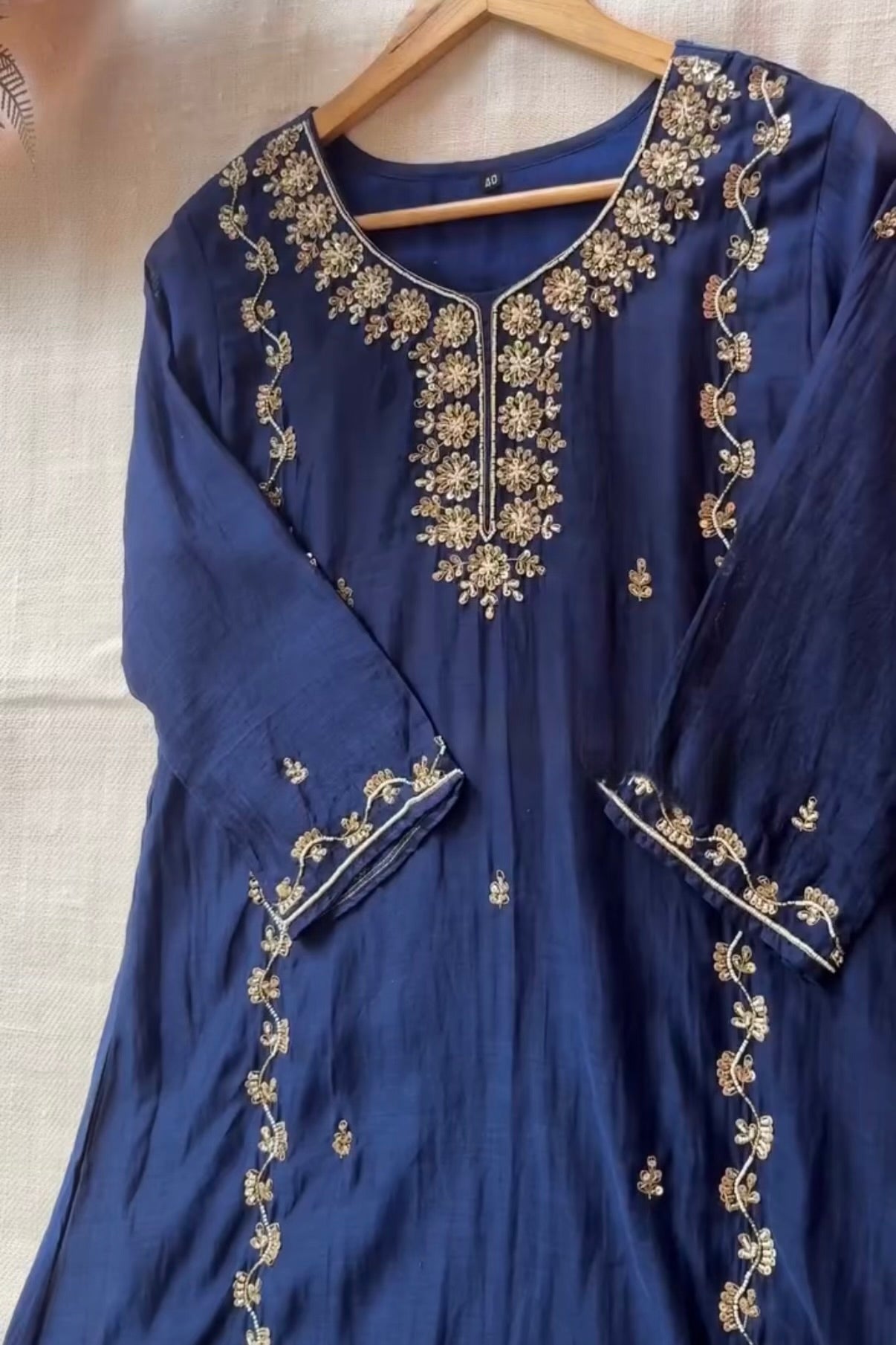 “Faraj” Navy Blue Pure Mul-Chanderi Party wear A Line suit set