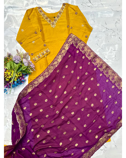 “Anannya” Beautiful Yellow V neck dola silk kurta set