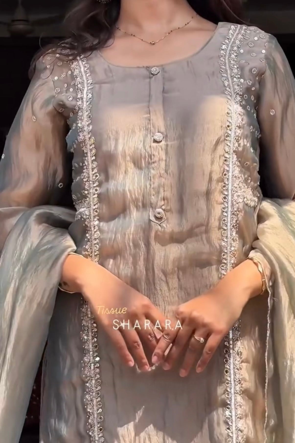 ✨Desert- Champagne Crushed Tissue Kurta Divider Sharara Set