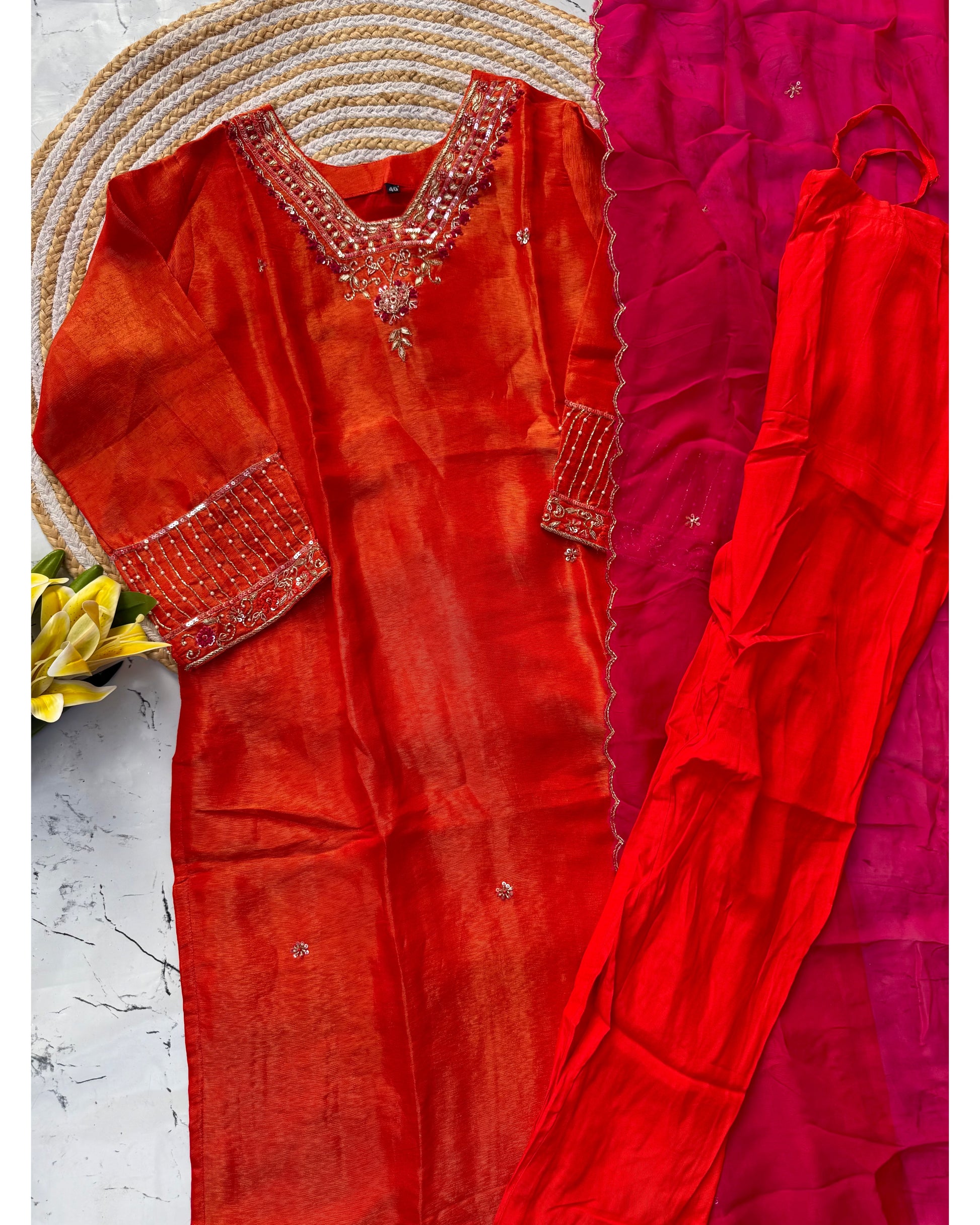 "Inaya” Beautiful orange shade tissue silk kurti set