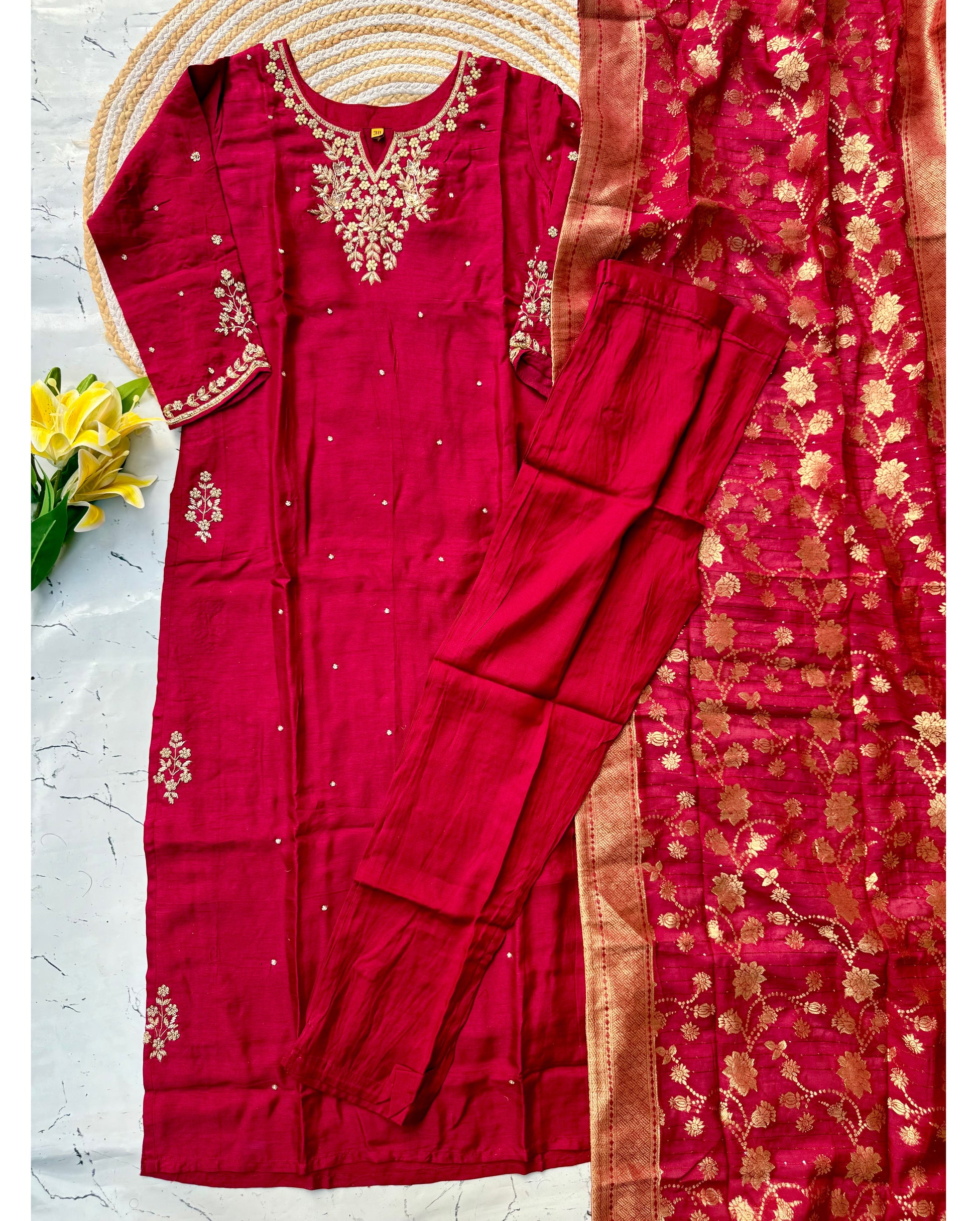 “Eshani” Party wear maroon Dola silk kurti set 🛍️