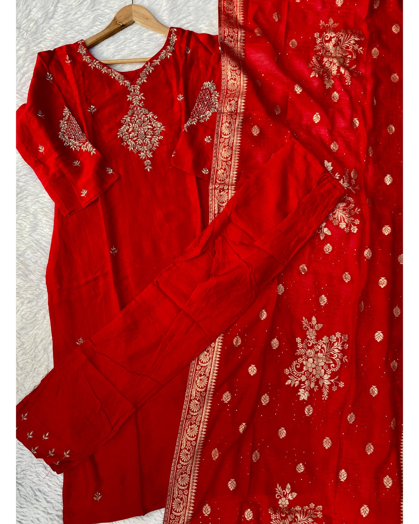 "Khushali" Silver zardozi work dola silk set