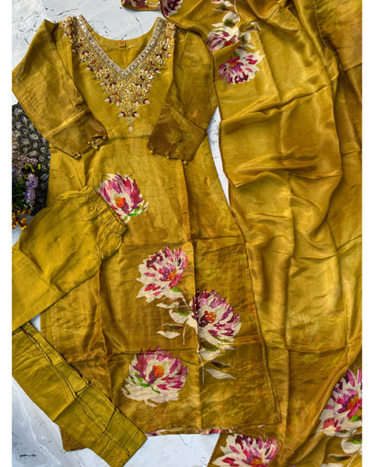 "MARYAM" Mustard printed Tissue silk kurti with heavy handwork set