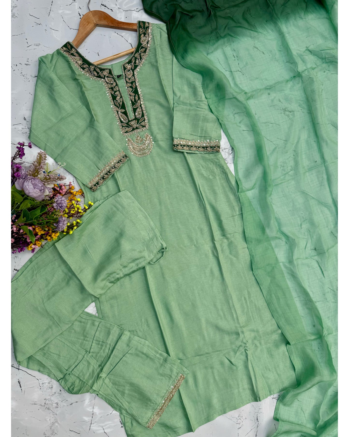 “Liana” Beautiful Sea green shade Handwork kurta set