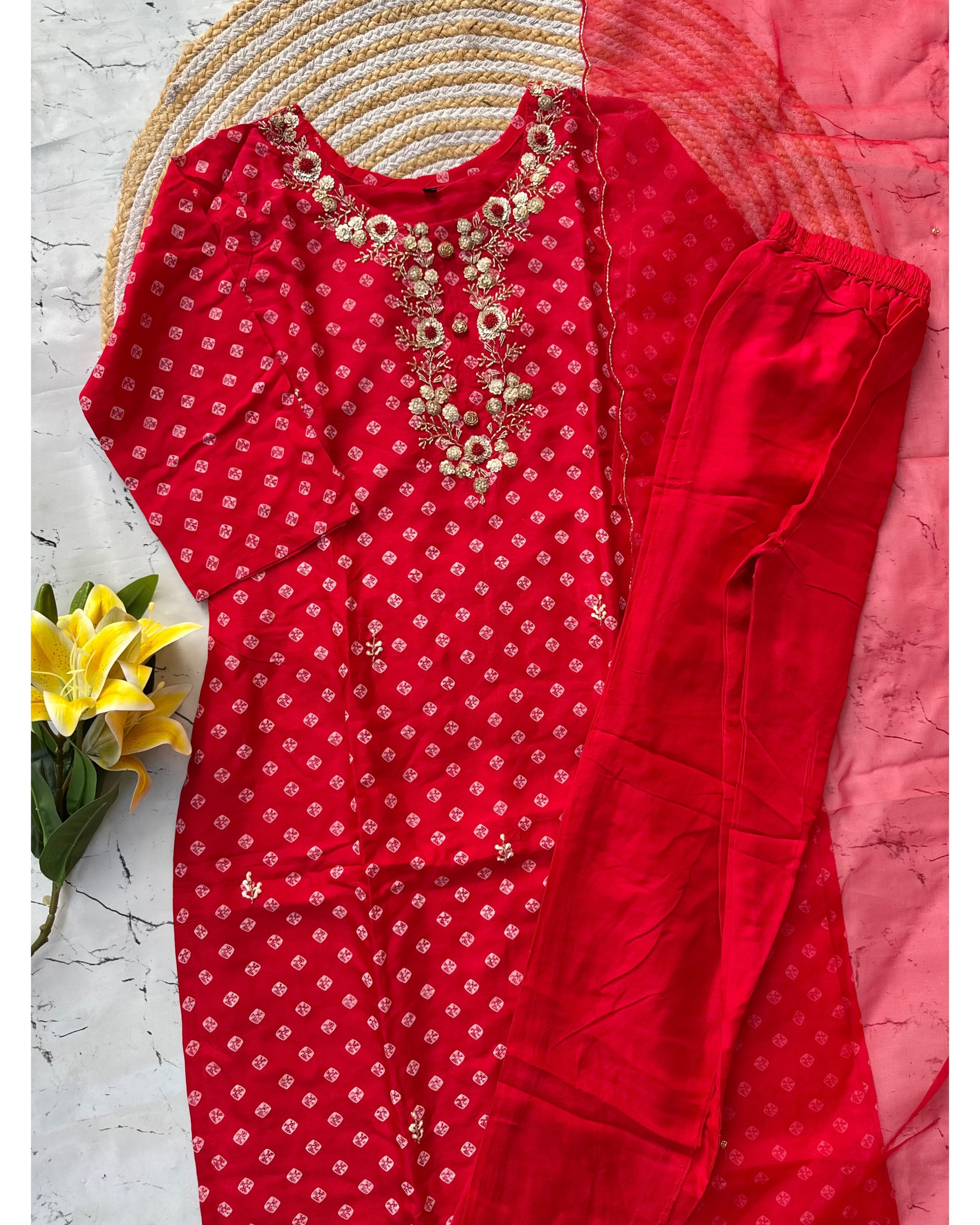 ‘’ BHANDEJ” Beautiful red shade bhandej dola silk set