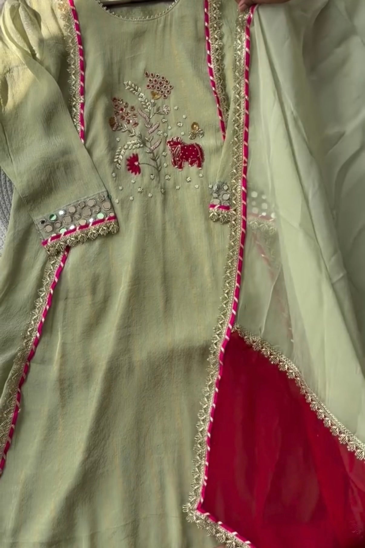 “Zara” Trending Mul Premium Mul Chanderi A Line Suit Set in Olive Green