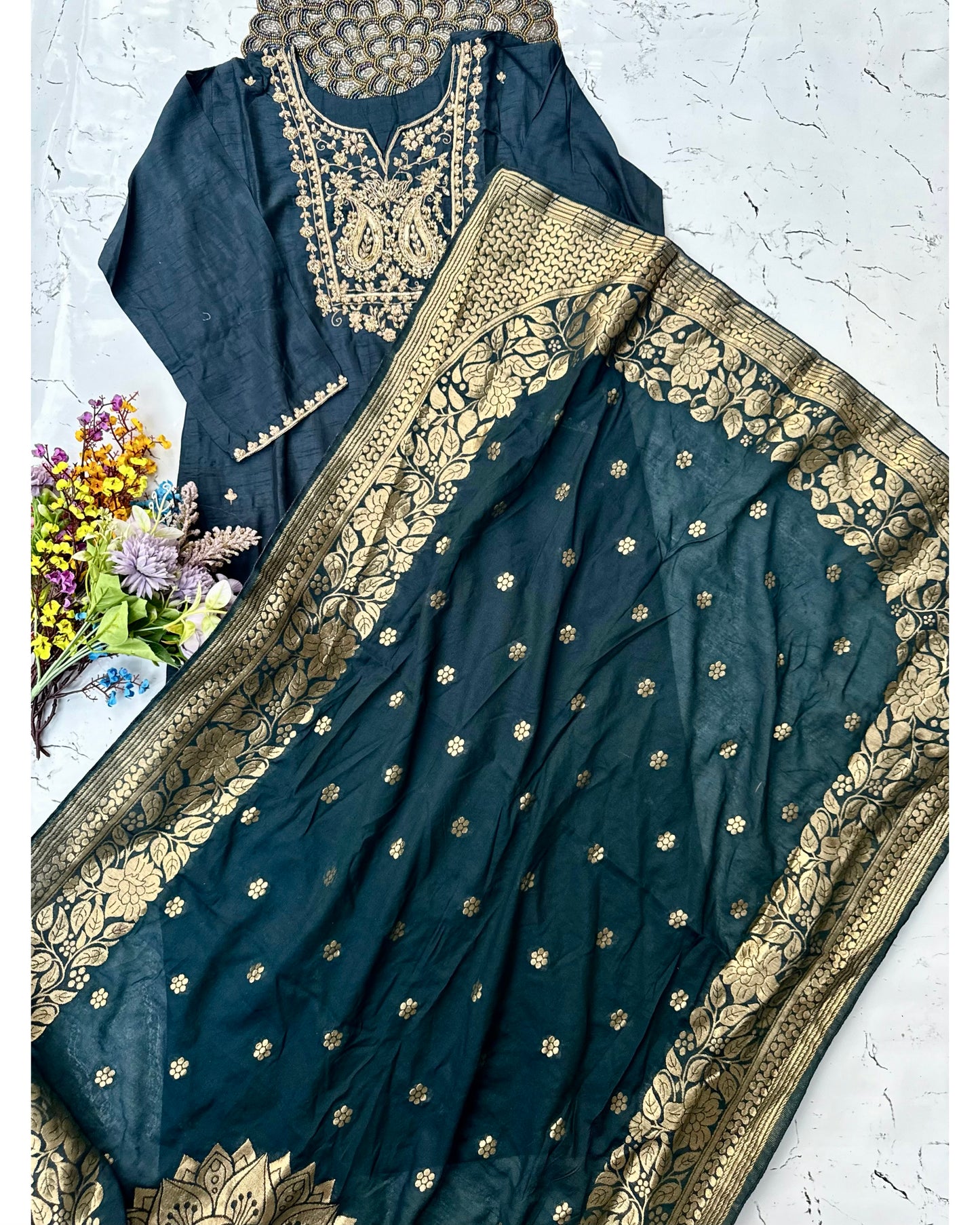 “Fiza” Zardosi work dola silk kurti bottom dupatta set