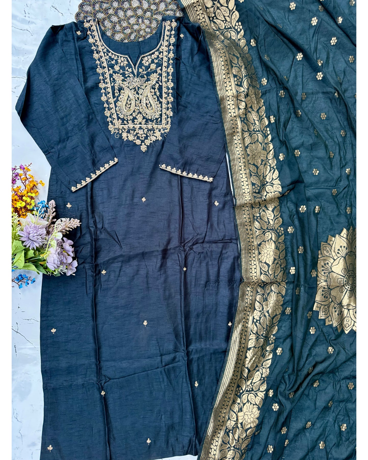 “Fiza” Zardosi work dola silk kurti bottom dupatta set