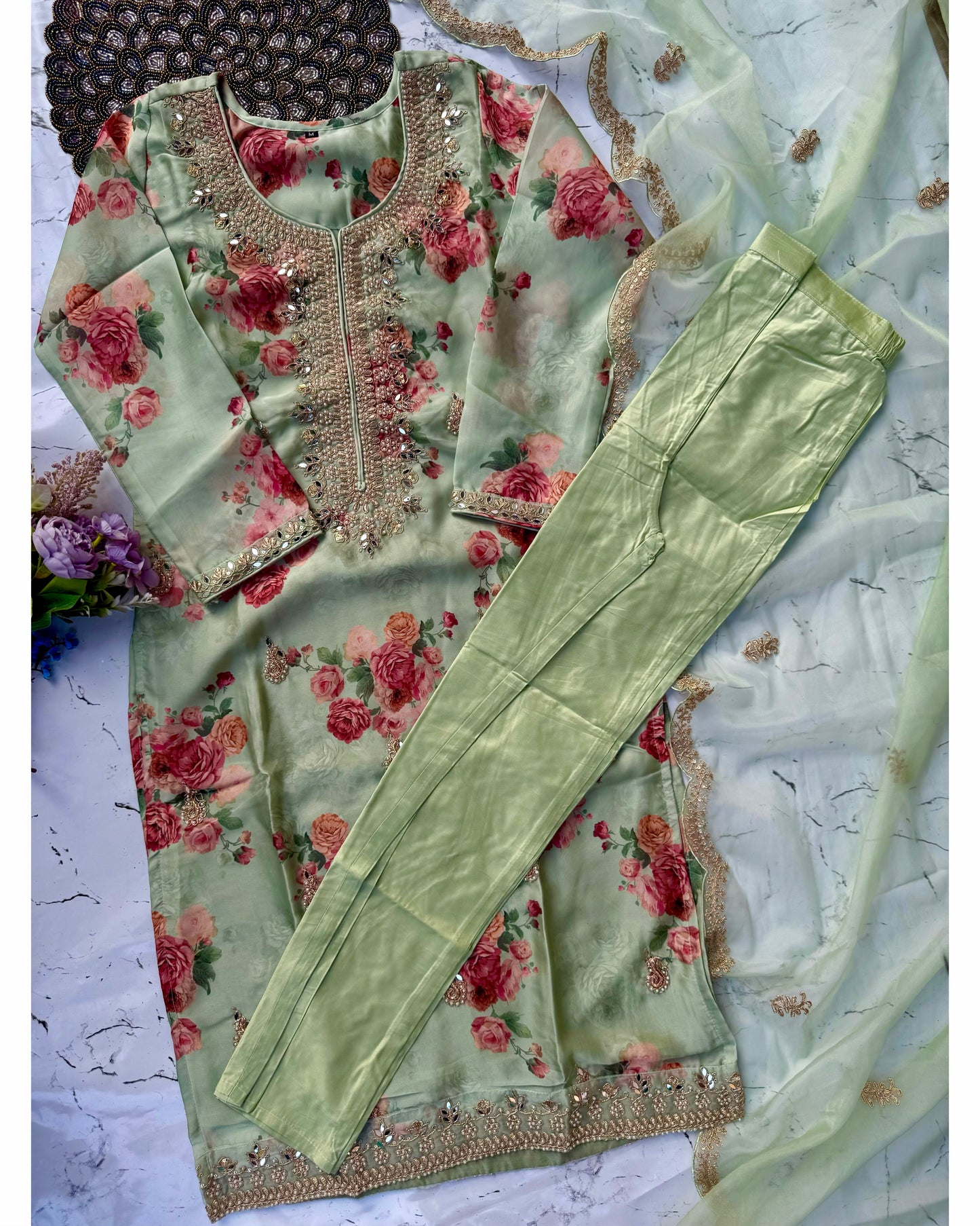 "Aditi" Pista green organza printed & handwork stright kurta set