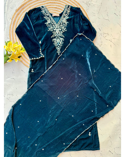 “Kiara” Peacock blue heavy velvet suit set