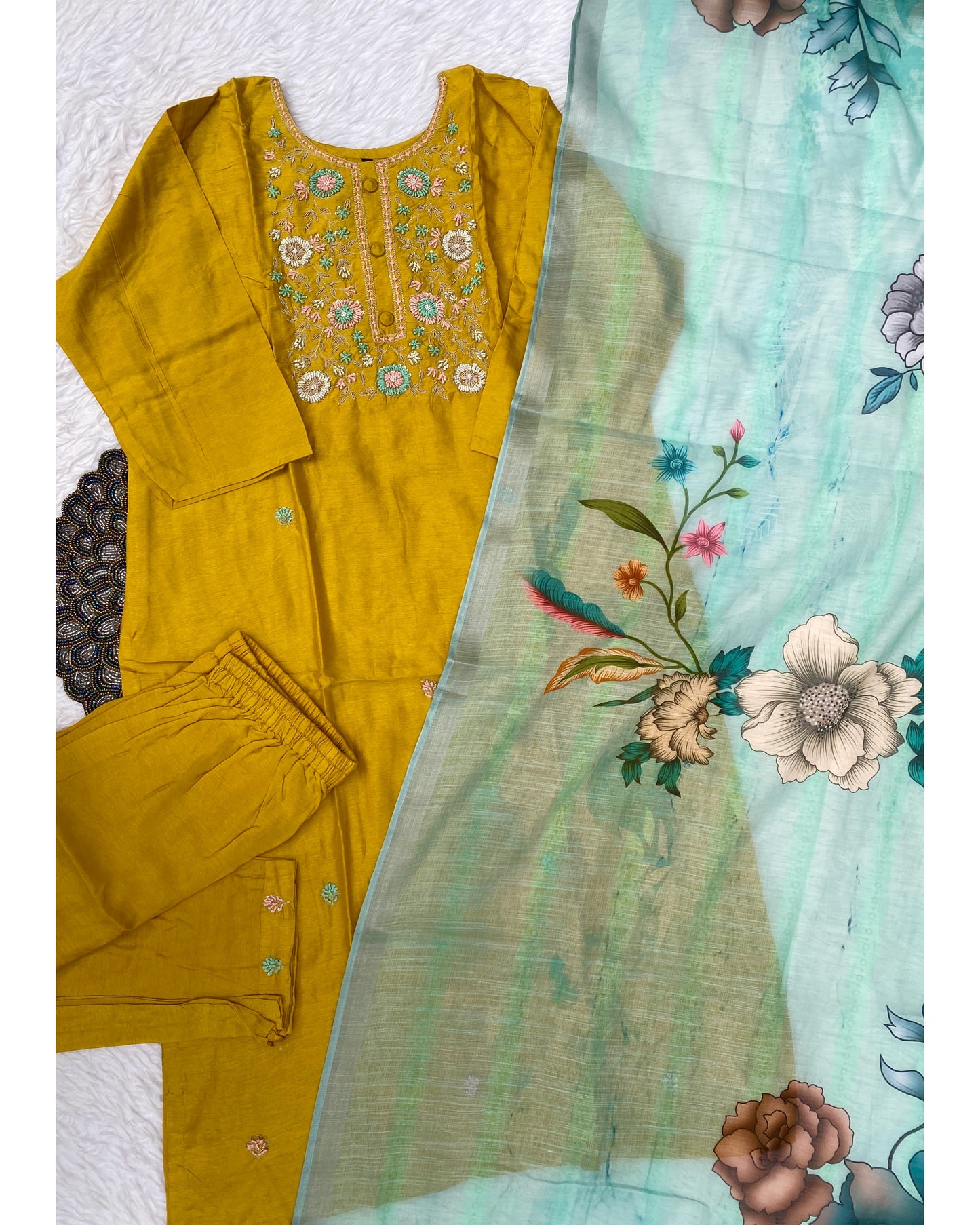 “URVI” Beautiful yellow handwork kurta bottom with lenin dupatta set