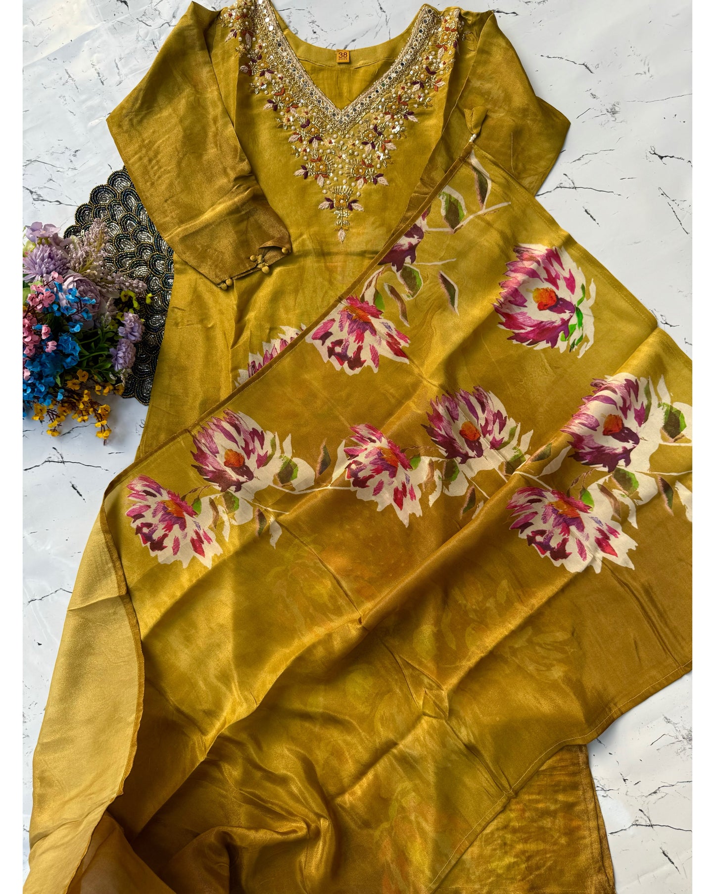 "MARYAM" Mustard printed Tissue silk kurti with heavy handwork set