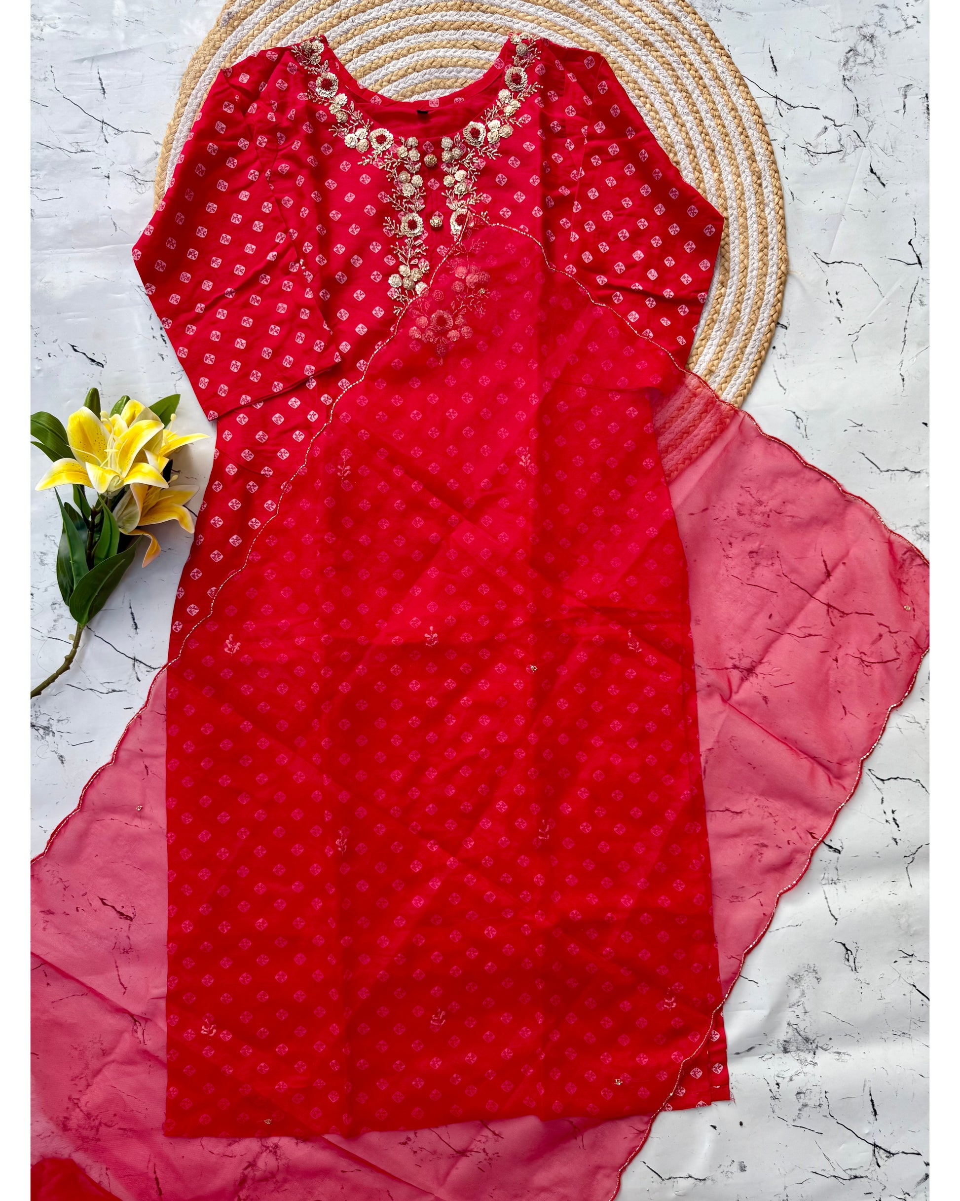 ‘’ BHANDEJ” Beautiful red shade bhandej dola silk set