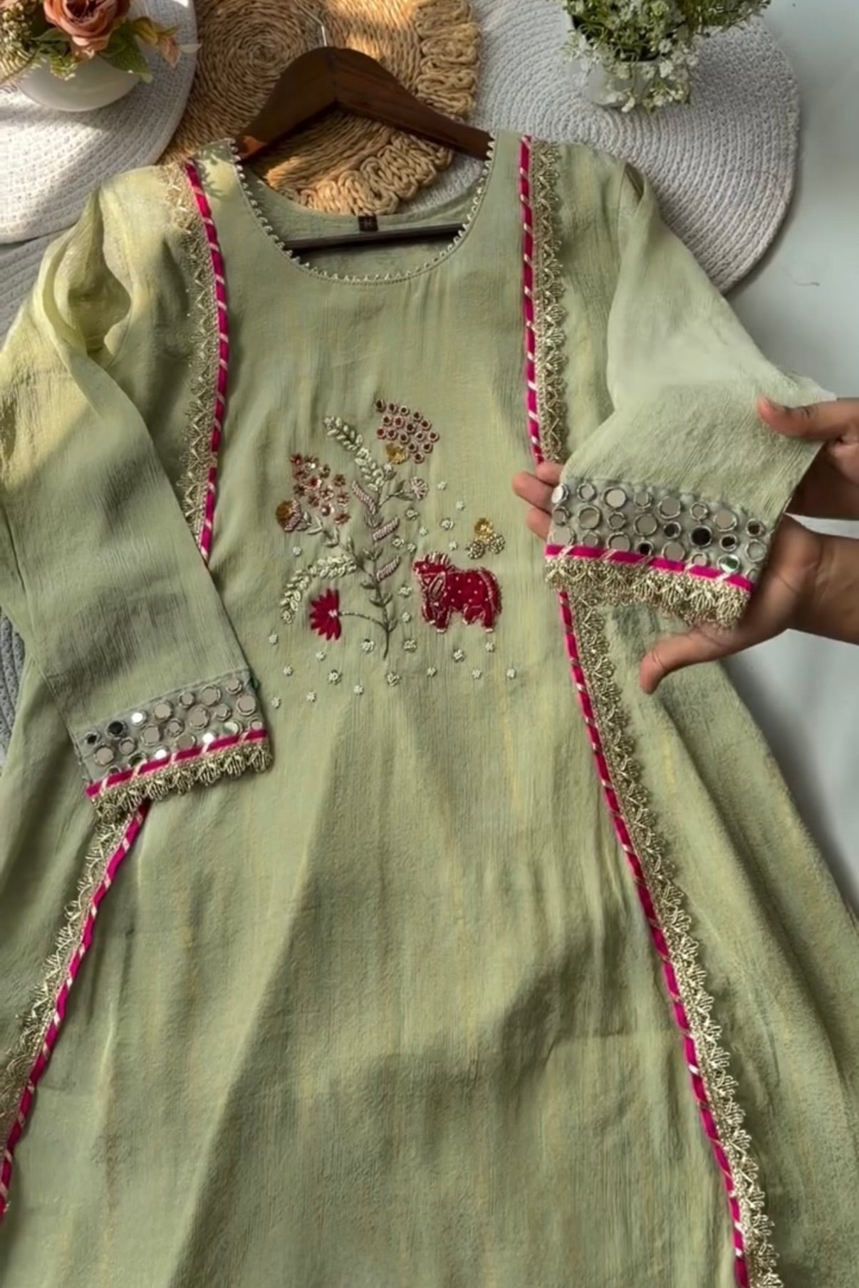 “Zara” Trending Mul Premium Mul Chanderi A Line Suit Set in Olive Green