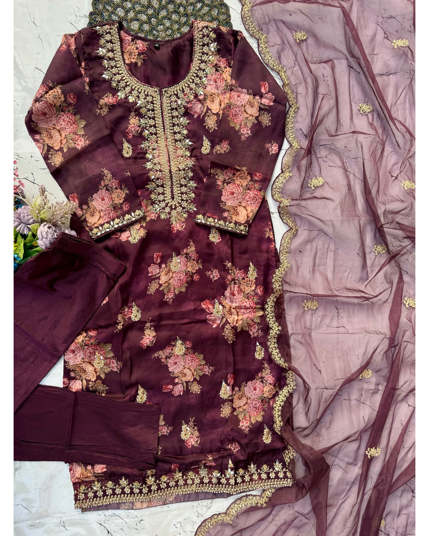 "Aditi" Wine organza printed & handwork stright kurta set