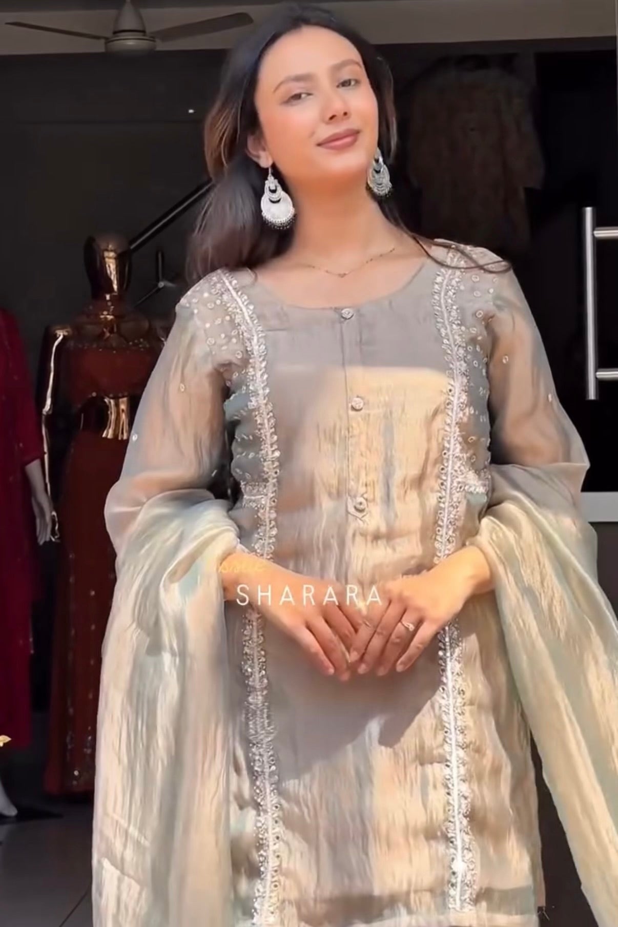 ✨Desert- Champagne Crushed Tissue Kurta Divider Sharara Set