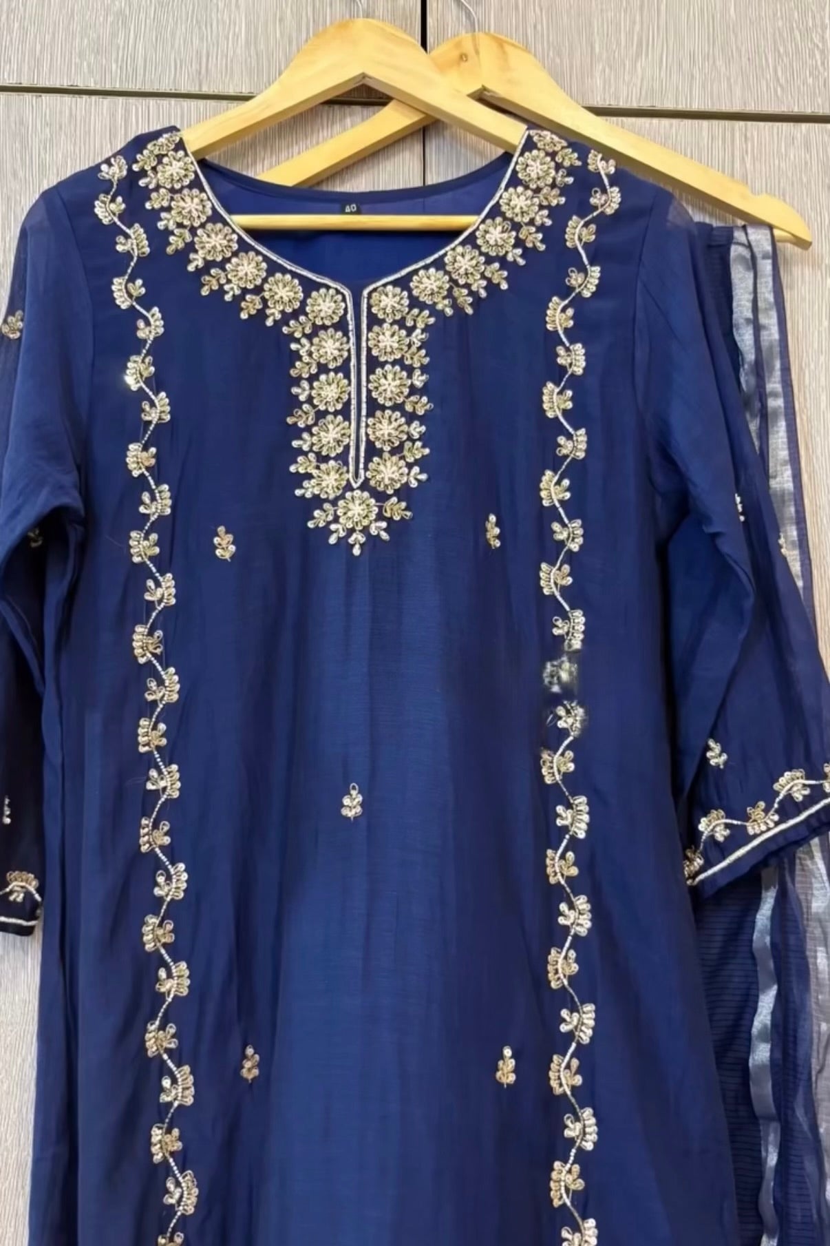 “Faraj” Navy Blue Pure Mul-Chanderi Party wear A Line suit set