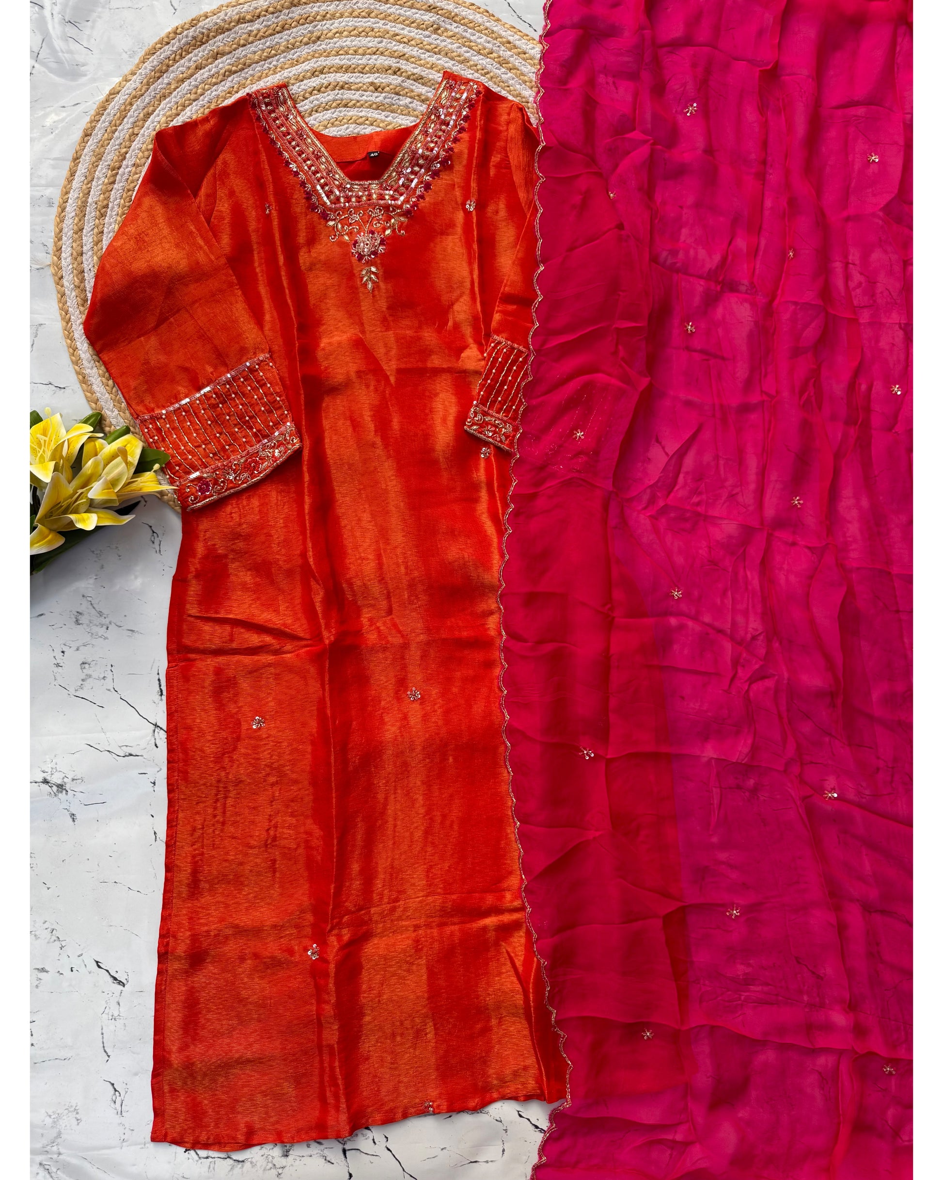 "Inaya” Beautiful orange shade tissue silk kurti set