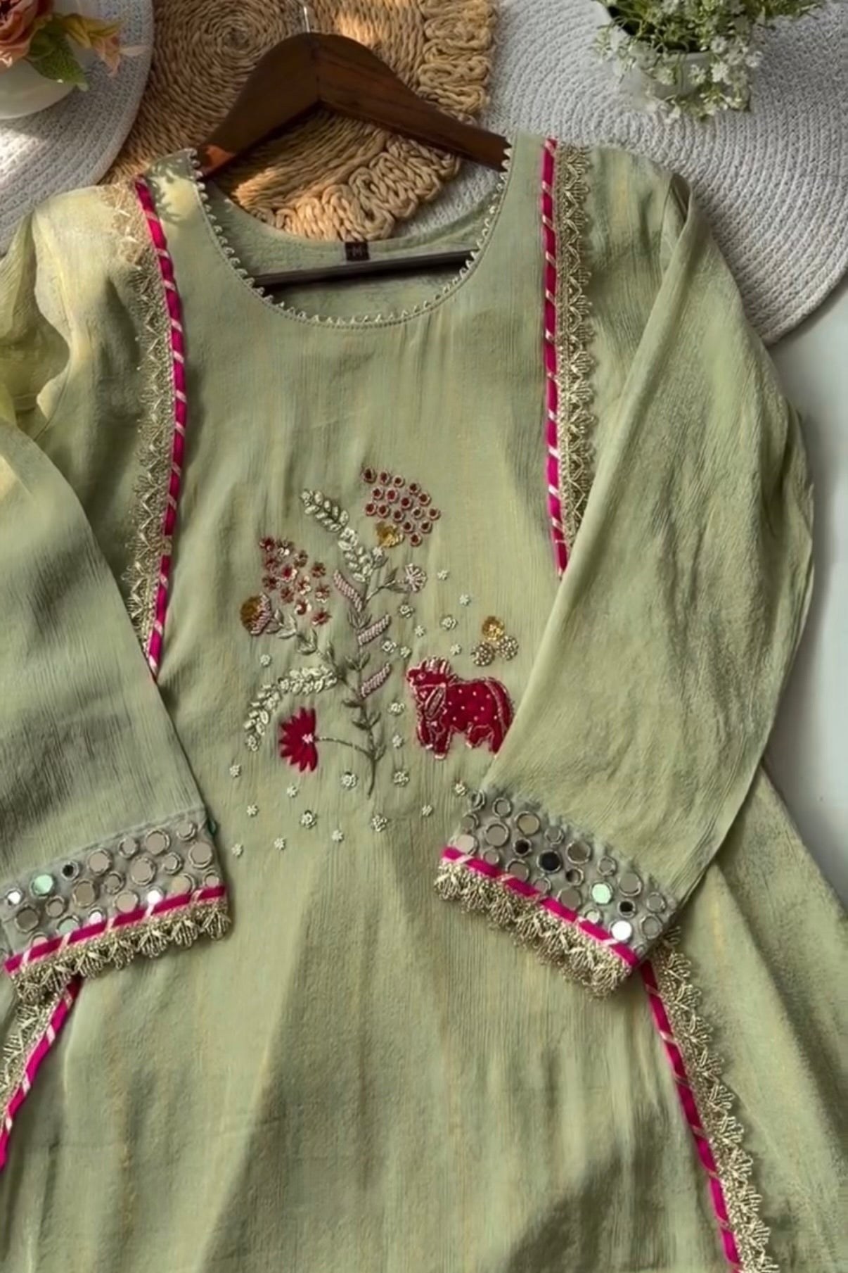 “Zara” Trending Mul Premium Mul Chanderi A Line Suit Set in Olive Green