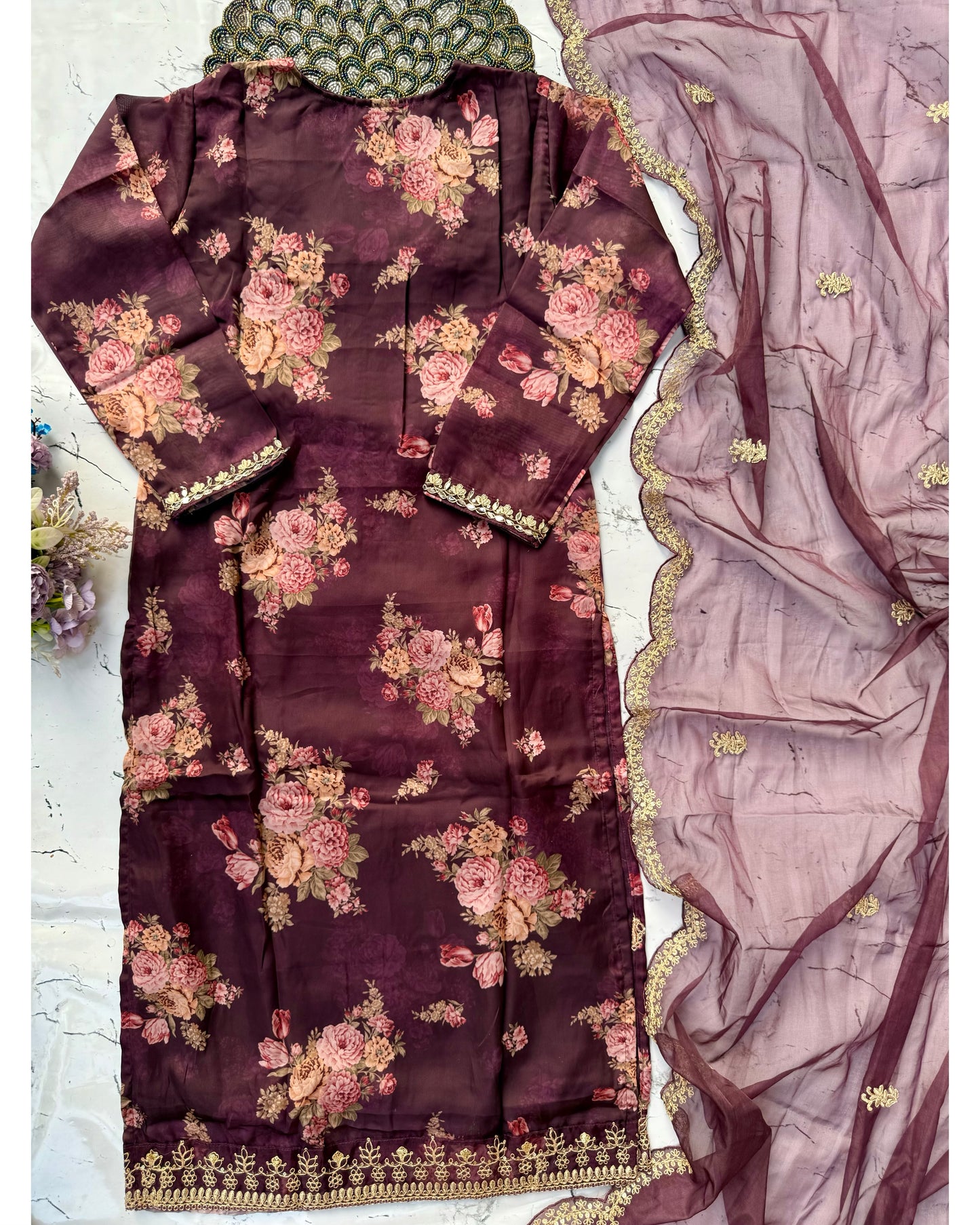 "Aditi" Wine organza printed & handwork stright kurta set