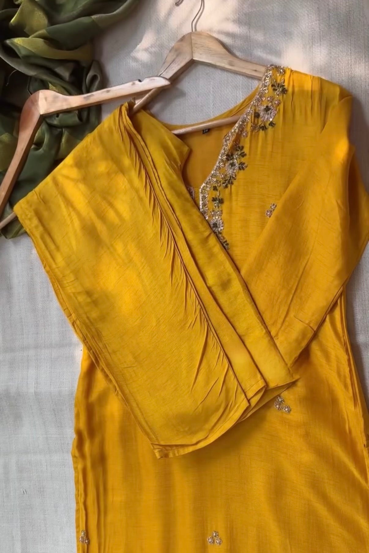 “AIRA” Mustard Yellow dola silk kurta with Green Striped Tissue Dupatta set